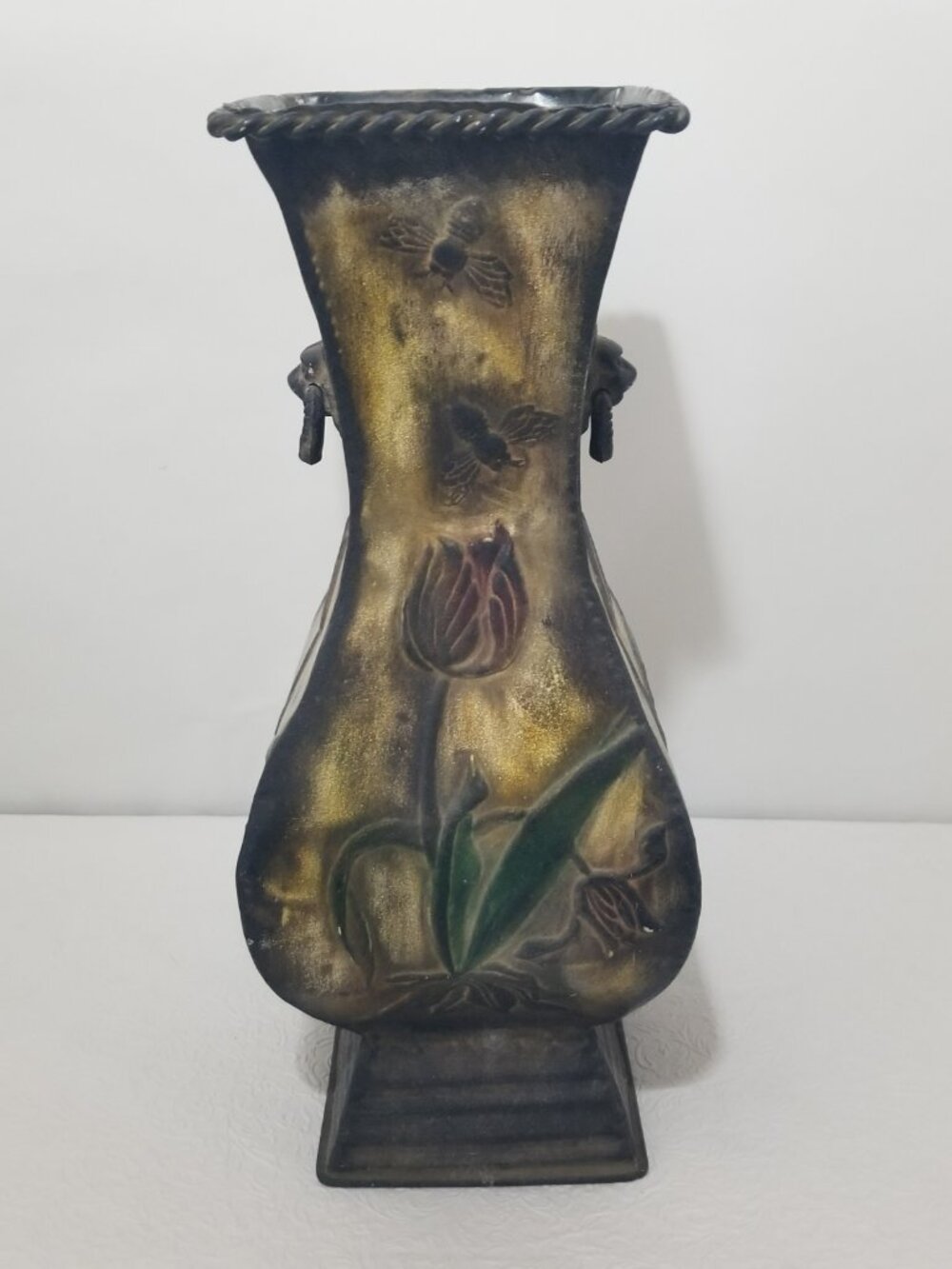 Metal Decorative Hammered Vase Bee Flower 16.5"x6.5" Gold Red Green Brown - Picture 5 of 16